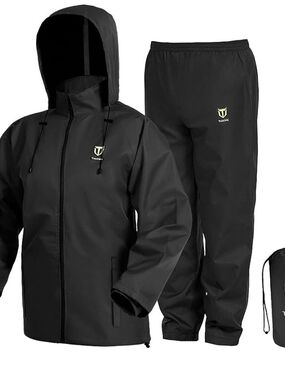 TIDEWE Men's Black Waterproof Hooded Jacket and Pants Set